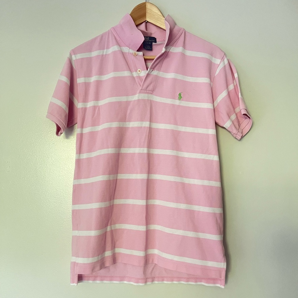 Polo Ralph Lauren Boys Pink and White Striped Polo Shirt size L (16/18)